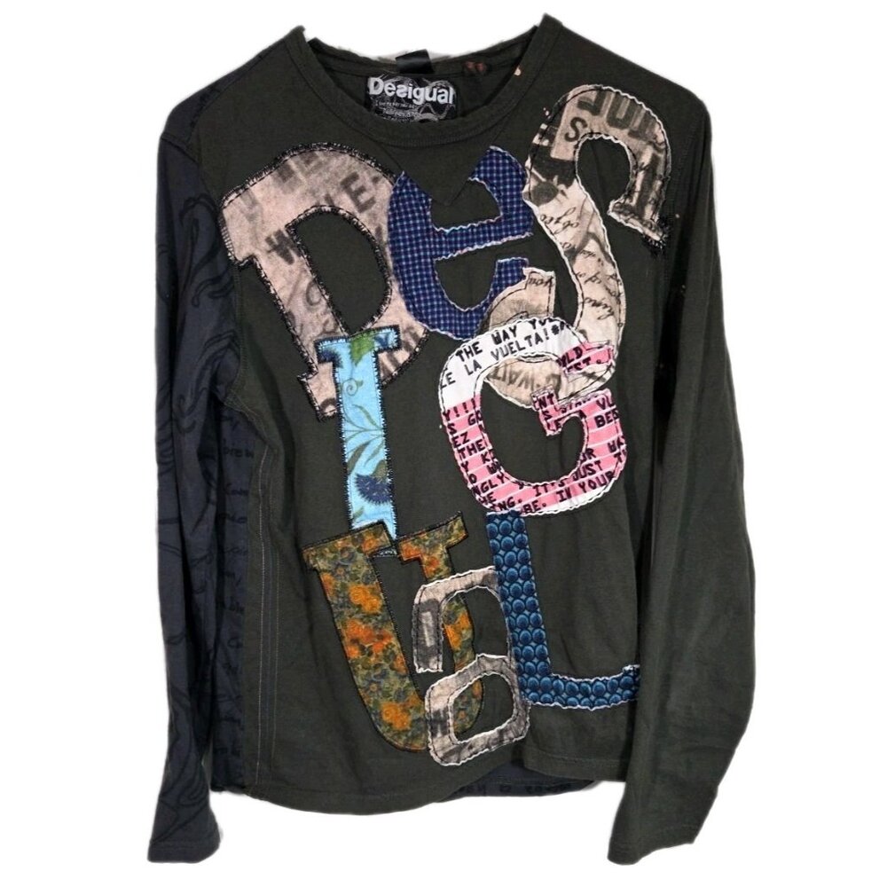 VTG Desigual Save the Queen Style Spellout Patchwork Top Sz M Grunge Euro Club